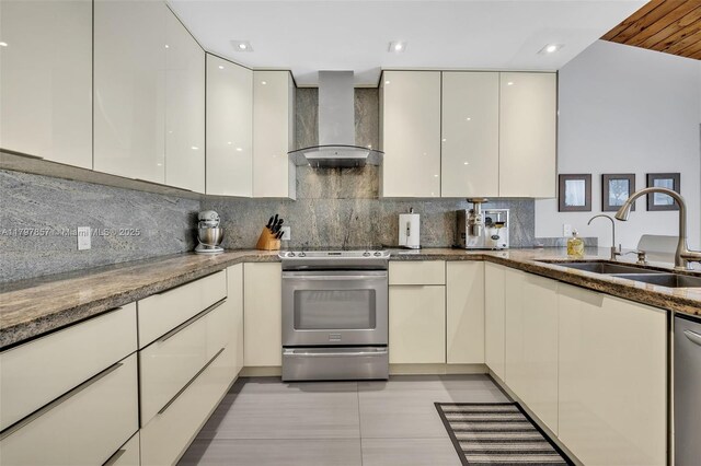 11850 SW 42nd Ct, Davie, FL 33330 - kitchen with appliances with stainless steel finishes, wall chimney range hood, a sink, modern cabinets, and tasteful backsplash