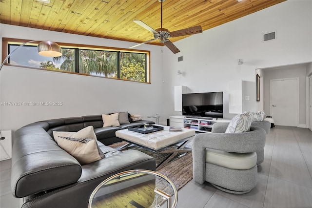 11850 SW 42nd Ct, Davie, FL 33330 - living area with wooden ceiling, a ceiling fan, and a high ceiling
