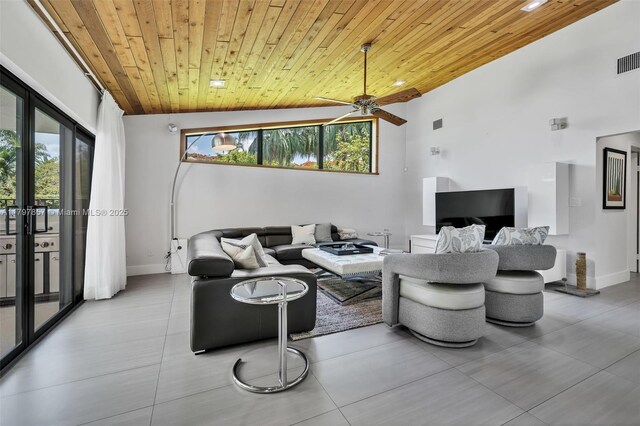 11850 SW 42nd Ct, Davie, FL 33330 - living room featuring wood ceiling, a ceiling fan, baseboards, and lofted ceiling