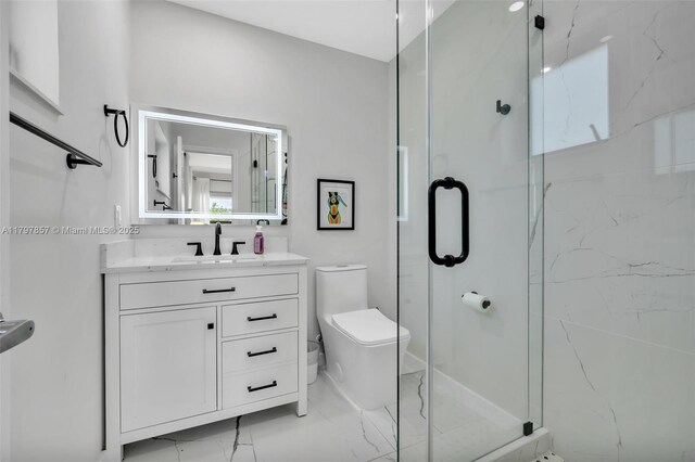 11850 SW 42nd Ct, Davie, FL 33330 - bathroom featuring toilet, marble finish floors, vanity, and a marble finish shower