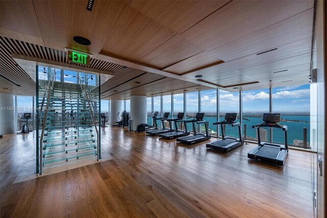 300 Biscayne Boulevard Way Unit 4507W, Miami, FL 33131 - workout area with expansive windows, wood finished floors, and wooden ceiling