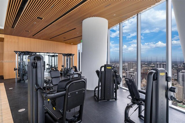 300 Biscayne Boulevard Way Unit 4507W, Miami, FL 33131 - workout area with floor to ceiling windows, wood walls, plenty of natural light, and a view of city