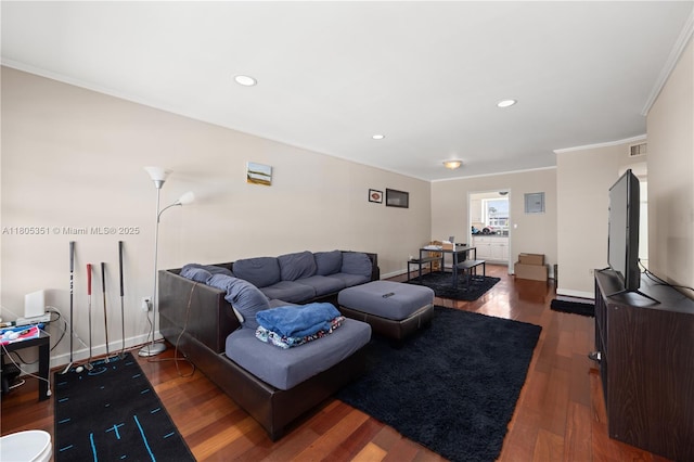 462 Golden Isles Dr Unit 305, Hallandale Beach, FL 33009 - living room with wood finished floors, crown molding, recessed lighting, and baseboards