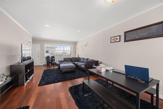 462 Golden Isles Dr Unit 305, Hallandale Beach, FL 33009 - living area featuring ornamental molding, wood finished floors, a desk, and recessed lighting