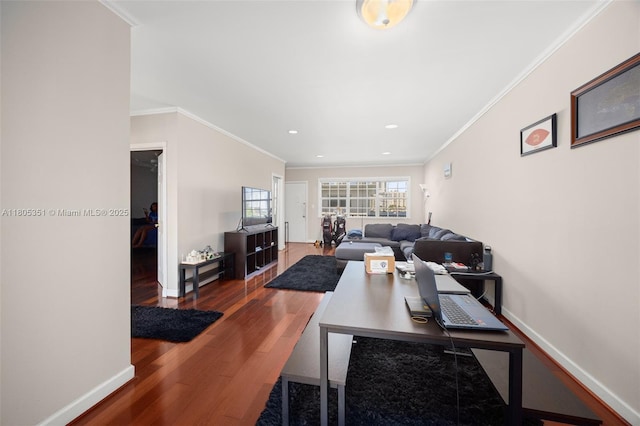 462 Golden Isles Dr Unit 305, Hallandale Beach, FL 33009 - living area with wood finished floors, baseboards, ornamental molding, recessed lighting, and an office area