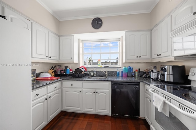 462 Golden Isles Dr Unit 305, Hallandale Beach, FL 33009 - kitchen featuring white appliances, a sink, white cabinets, ornamental molding, and dark wood-style flooring