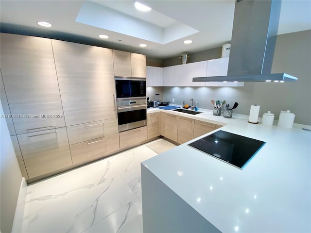 17111 Biscayne Blvd Unit 403, North Miami Beach, FL 33160 - kitchen with black appliances, island range hood, modern cabinets, recessed lighting, and a sink