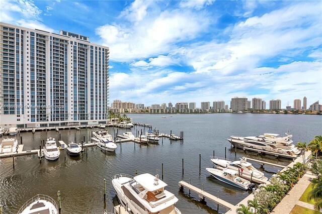 17111 Biscayne Blvd Unit 403, North Miami Beach, FL 33160 - dock featuring a view of skyline, a water view, and view of marina