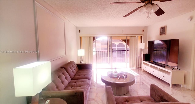 3905 N Nob Hill Rd Unit 510, Sunrise, FL 33351 - living room with light marble finish floors, a textured ceiling, and ceiling fan