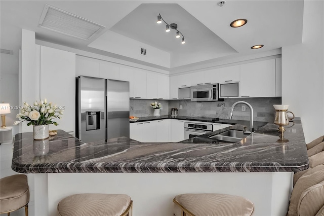 14951 Royal Oaks Ln Unit 2105, North Miami, FL 33181 - kitchen featuring appliances with stainless steel finishes, a sink, a raised ceiling, a peninsula, and tasteful backsplash