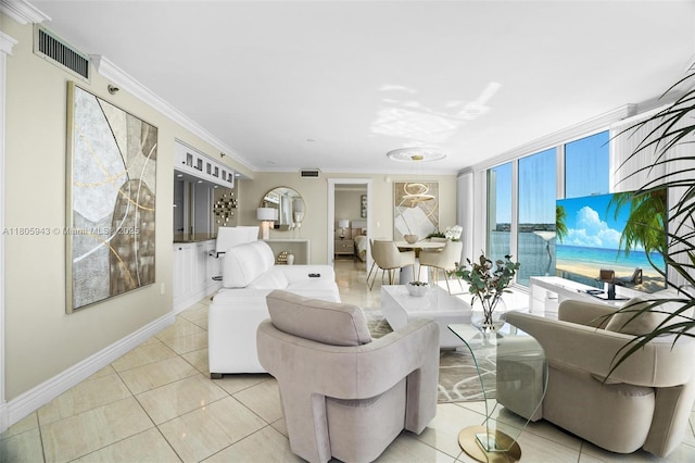 18000 N Bay Rd Unit 803, Sunny Isles Beach, FL 33160 - living room featuring baseboards, tile patterned flooring, and crown molding