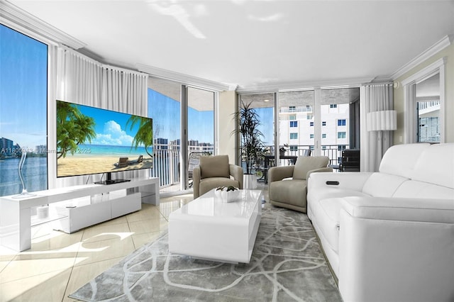 18000 N Bay Rd Unit 803, Sunny Isles Beach, FL 33160 - living area with floor to ceiling windows, ornamental molding, and tile patterned flooring