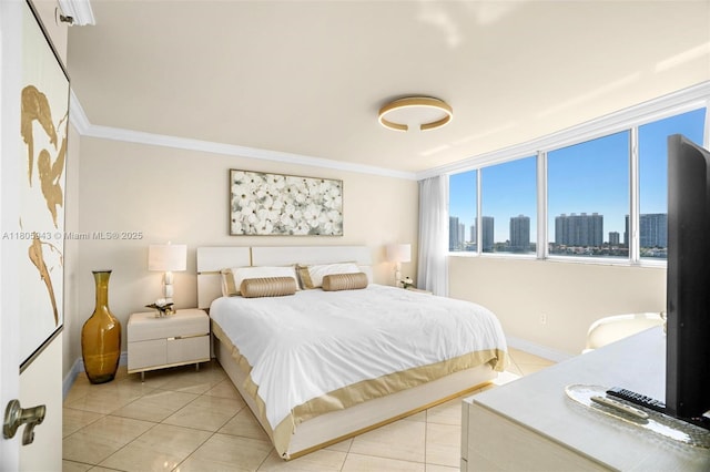 18000 N Bay Rd Unit 803, Sunny Isles Beach, FL 33160 - bedroom featuring baseboards, crown molding, and light tile patterned flooring