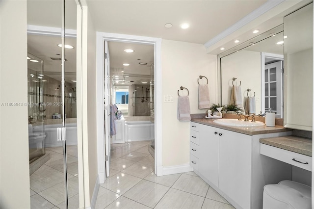 18000 N Bay Rd Unit 803, Sunny Isles Beach, FL 33160 - full bath with tile patterned flooring, vanity, a shower with door, recessed lighting, and a bath