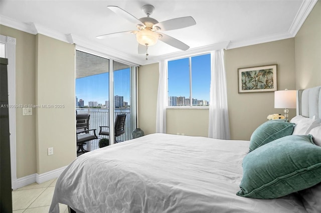 18000 N Bay Rd Unit 803, Sunny Isles Beach, FL 33160 - bedroom with a skyline view, access to exterior, crown molding, light tile patterned floors, and baseboards