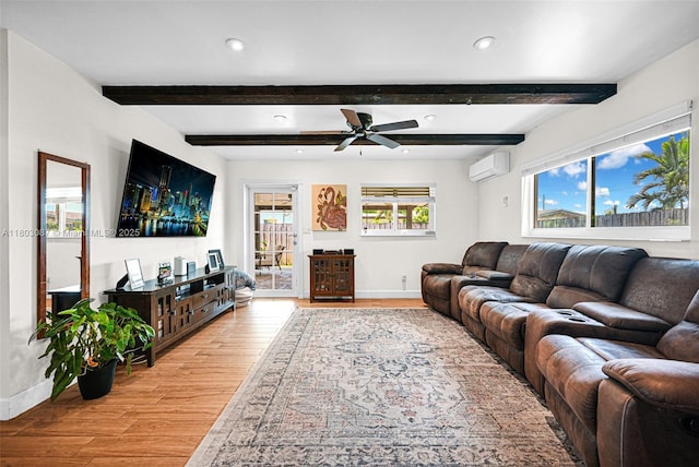 9491 SW 54th St, Miami, FL 33165 - living area with an AC wall unit, light wood-type flooring, baseboards, ceiling fan, and recessed lighting
