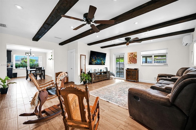9491 SW 54th St, Miami, FL 33165 - living room with a wall mounted AC, plenty of natural light, recessed lighting, light wood-style floors, and baseboards