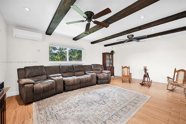 9491 SW 54th St, Miami, FL 33165 - living room featuring an AC wall unit, ceiling fan, recessed lighting, beamed ceiling, and light wood-style flooring
