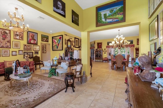4800 SW 141st Ave, Miramar, FL 33027 - living area featuring a chandelier, light tile patterned floors, and a towering ceiling