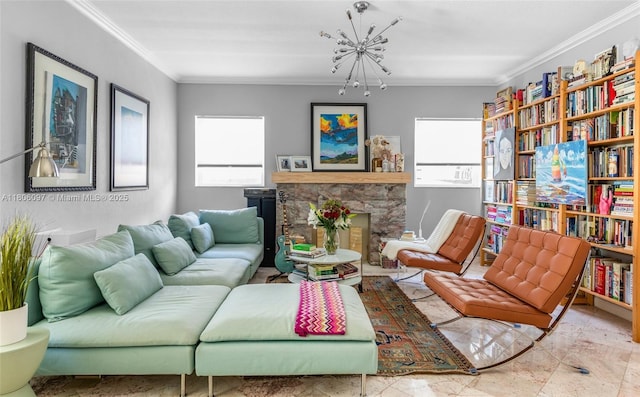 9057 Emerson Ave, Surfside, FL 33154 - living area with ornamental molding, a chandelier, and a stone fireplace