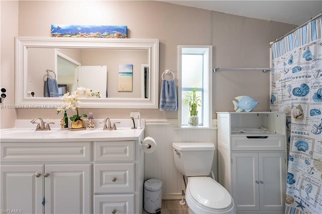4018 Caloosa Loop, La Belle, FL 33935 - full bathroom with double vanity, toilet, wainscoting, and a shower with shower curtain