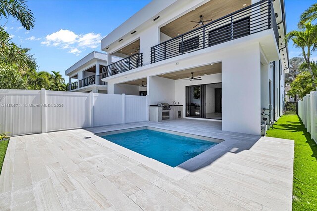 1233 NE 12th Ave Unit B, Fort Lauderdale, FL 33304 - view of pool with ceiling fan, a fenced backyard, exterior kitchen, and a patio area