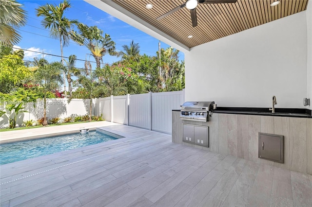 1233 NE 12th Ave Unit B, Fort Lauderdale, FL 33304 - view of pool with exterior kitchen, a fenced backyard, a ceiling fan, and a deck