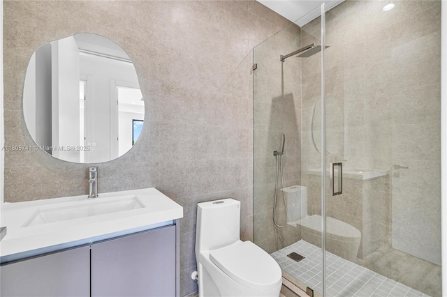 1233 NE 12th Ave Unit B, Fort Lauderdale, FL 33304 - full bathroom with vanity, a shower stall, and tile walls