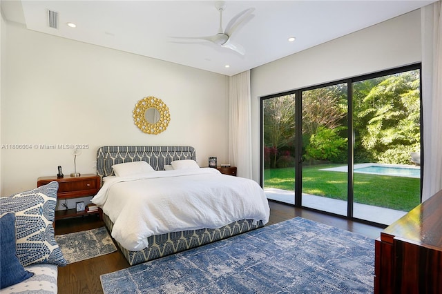 bedroom featuring access to exterior, wood finished floors, recessed lighting, and ceiling fan