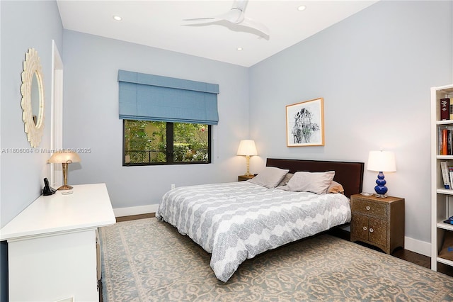 bedroom with wood finished floors, baseboards, a ceiling fan, and recessed lighting