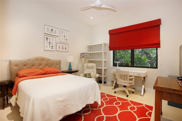 bedroom featuring a desk, recessed lighting, and ceiling fan