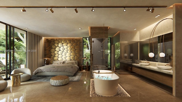 1210 NE 97th St, Miami Shores, FL 33138 - tiled bedroom with expansive windows, a sink, and rail lighting