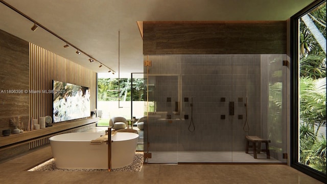 1210 NE 97th St, Miami Shores, FL 33138 - full bath with a soaking tub, track lighting, a tile shower, and tile patterned flooring