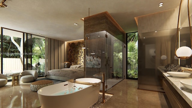 1210 NE 97th St, Miami Shores, FL 33138 - full bathroom with expansive windows, a freestanding bath, double vanity, a shower stall, and tile patterned flooring