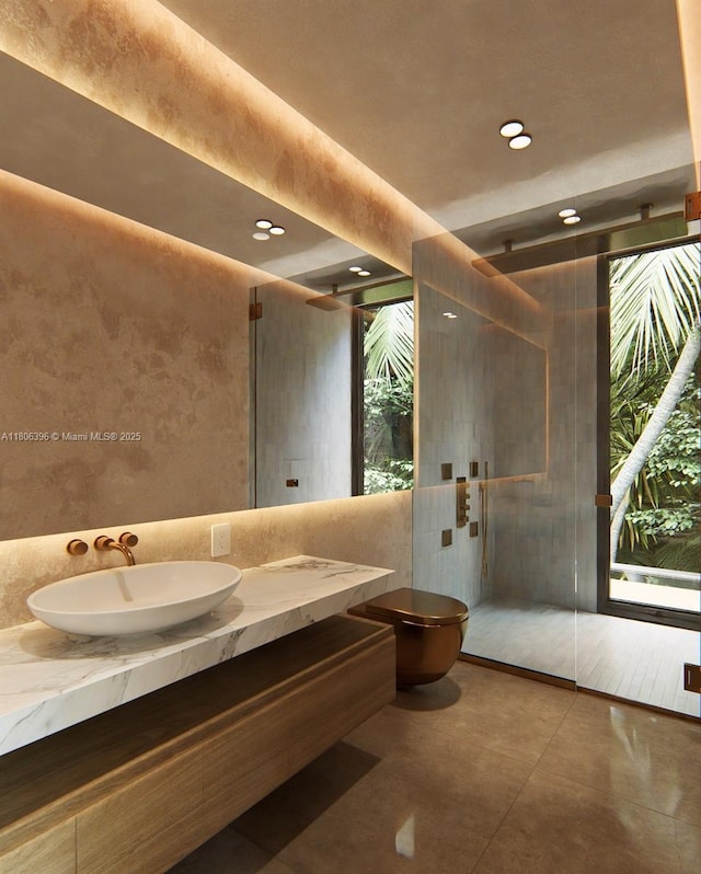 1210 NE 97th St, Miami Shores, FL 33138 - bathroom with vanity, healthy amount of natural light, a walk in shower, toilet, and recessed lighting