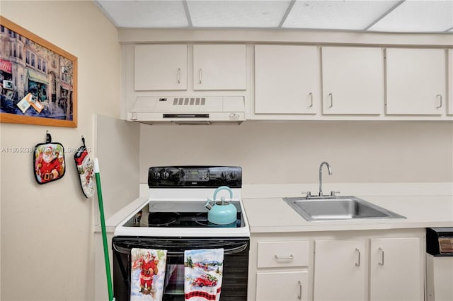 4222 Inverrary Blvd Unit 4213, Lauderhill, FL 33319 - kitchen featuring electric range, under cabinet range hood, a sink, light countertops, and white cabinets