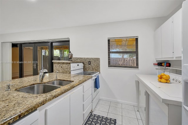 6703 Kingsmoor Way, Miami Lakes, FL 33014 - kitchen with white appliances, a sink, baseboards, white cabinetry, and light stone counters