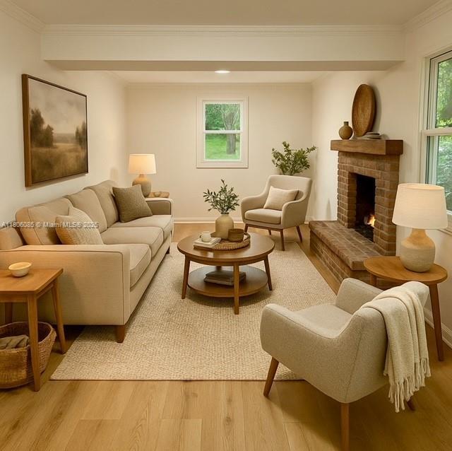 902 Vickie Dr, ,, NC 27511 - living area featuring wood finished floors, a brick fireplace, and ornamental molding