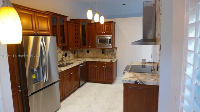 14430 SW 108th St, Miami, FL 33186 - kitchen featuring appliances with stainless steel finishes, wall chimney exhaust hood, a sink, backsplash, and glass insert cabinets