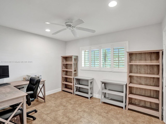 3401 NE 21st Ave, Lighthouse Point, FL 33064 - tiled home office featuring ceiling fan, recessed lighting, and baseboards