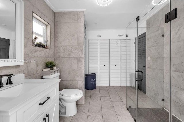 7311 Biltmore Blvd, Miramar, FL 33023 - bathroom with a shower stall, toilet, vanity, marble finish floors, and crown molding