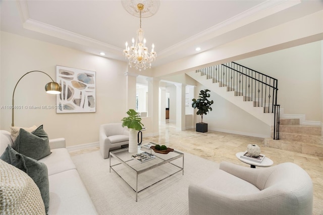 living area featuring ornate columns, a tray ceiling, ornamental molding, recessed lighting, and stairway