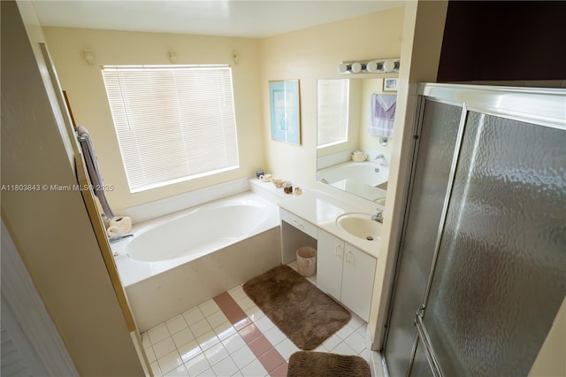 19121 NW 12th St, Pembroke Pines, FL 33029 - bathroom featuring a stall shower, plenty of natural light, a bath, and tile patterned floors