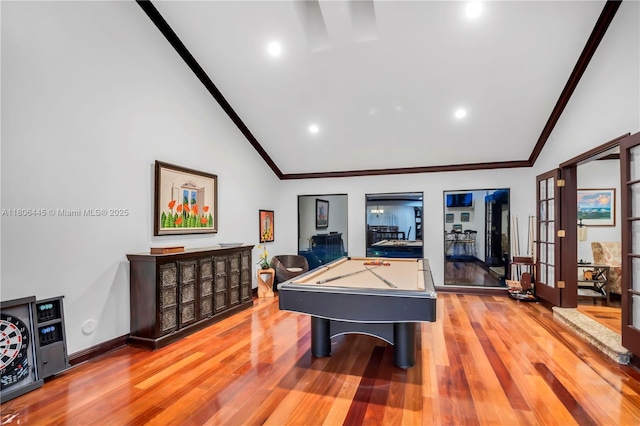 11915 Green Oak Dr, Davie, FL 33330 - playroom featuring lofted ceiling, crown molding, billiards, wood finished floors, and recessed lighting