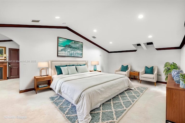 11915 Green Oak Dr, Davie, FL 33330 - bedroom featuring light colored carpet, crown molding, baseboards, vaulted ceiling, and arched walkways