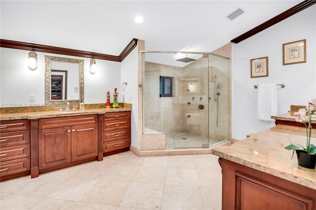 11915 Green Oak Dr, Davie, FL 33330 - bathroom with crown molding, a stall shower, vanity, recessed lighting, and tile patterned flooring
