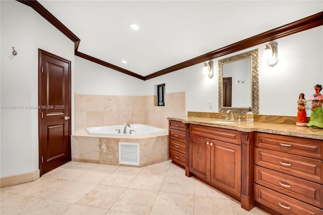 11915 Green Oak Dr, Davie, FL 33330 - full bathroom featuring crown molding, vanity, a bath, and recessed lighting