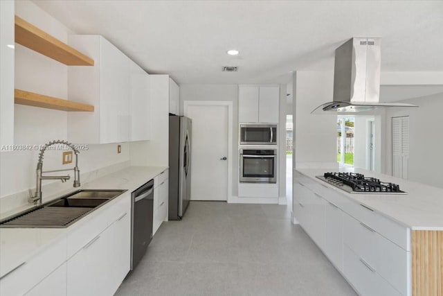 1459 Jefferson St, Hollywood, FL 33020 - kitchen with island exhaust hood, appliances with stainless steel finishes, open shelves, a sink, and modern cabinets