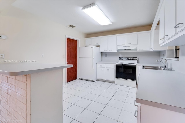 3521 SW 105th Ct, Miami, FL 33165 - kitchen with white appliances, a sink, under cabinet range hood, light tile patterned floors, and white cabinetry