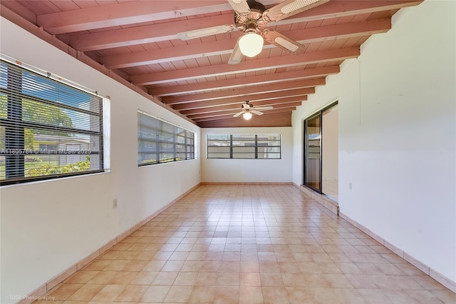 3521 SW 105th Ct, Miami, FL 33165 - empty room with ceiling fan, wood ceiling with exposed beams, baseboards, and light tile patterned floors